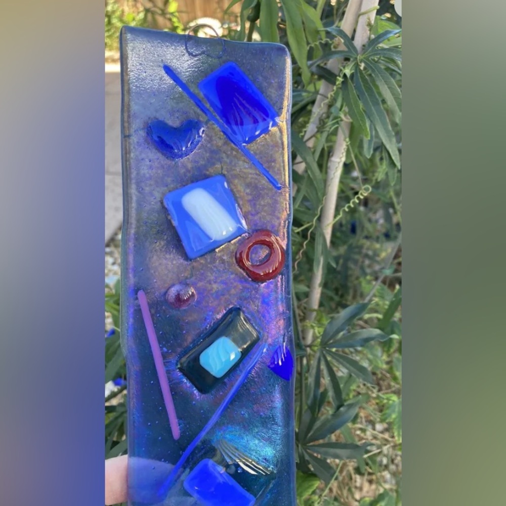 Island Blue” Fused Art Glass Handmade Hanging Sun catcher Original 9”x2.5”